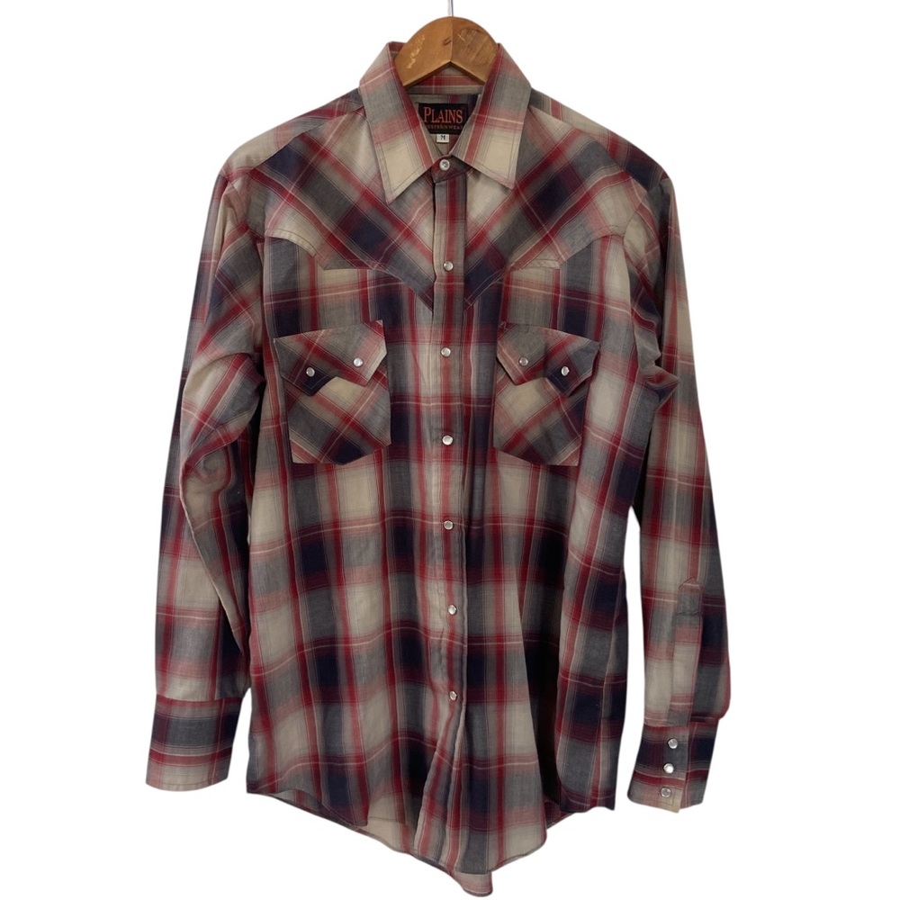 Plains Western Wear Red Blue Pearl Snap Long Sleeve Shirt Medium Cowboys Rodeo